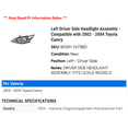 thumbnail image 2 of Left Driver Side Headlight Assembly - Compatible with 2002 - 2004 Toyota Camry 2003, 2 of 2