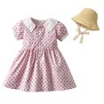 thumbnail image 2 of IROINNID Infant Girl's Summer Short Puff Sleeve Turndown Lapel Sundress Toddler Dot Print A-line Dress with Hat 2PC, 2 of 9