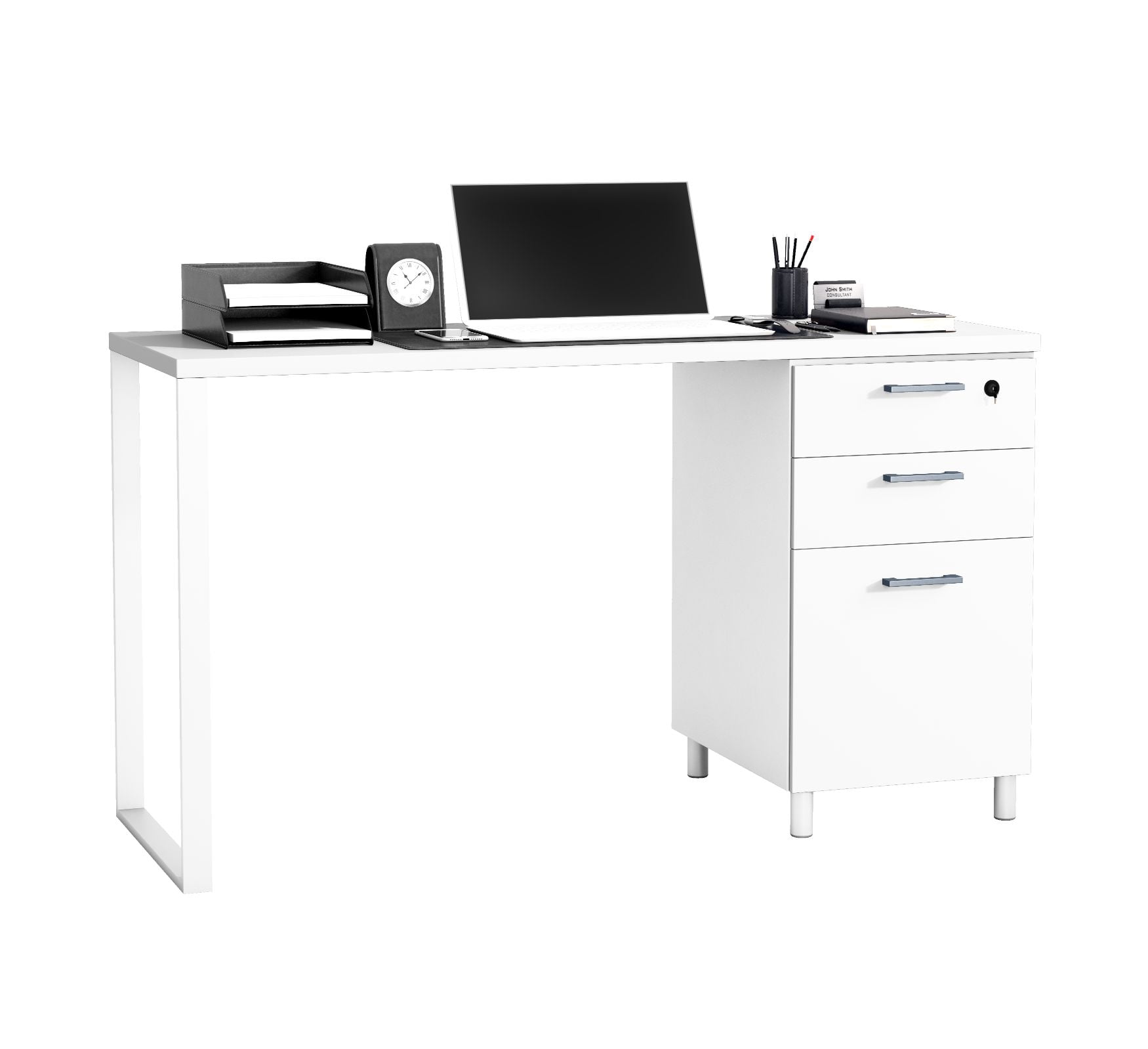 Modern Designs by Crafts and Comfort Milano Modern Home & Office Computer Desk - 47 Inch with 3 Locking Drawers - Wooden Study Writing Desk with Storage Space - White
