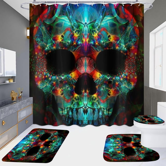 Juego de 4 cortinas de ducha de alta definición, impermeables, sin descarga, para baño, hotel, baño, cortina divisoria, calaveras de Halloween