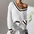 thumbnail image 5 of GigrtiJin Women's Knitted Sweater Long Sleeve V Neck Striped Pullover Sweaters Top Fashion Loose Comfy Blouses, 5 of 6