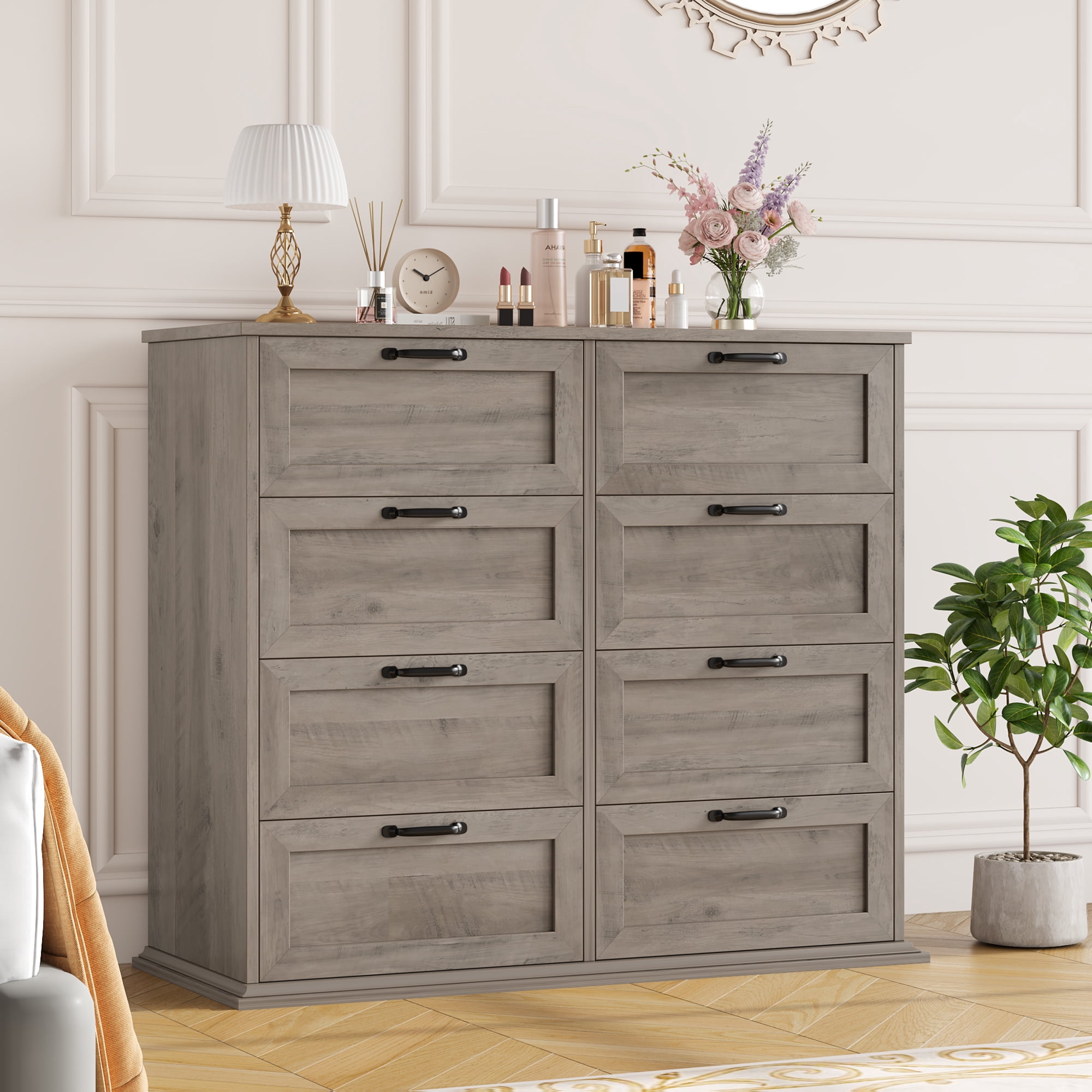 Homfa Horizontal 8 Drawer Dresser, Wood Storage Cabinet Double Dresser for Bedroom Living Room, Gray