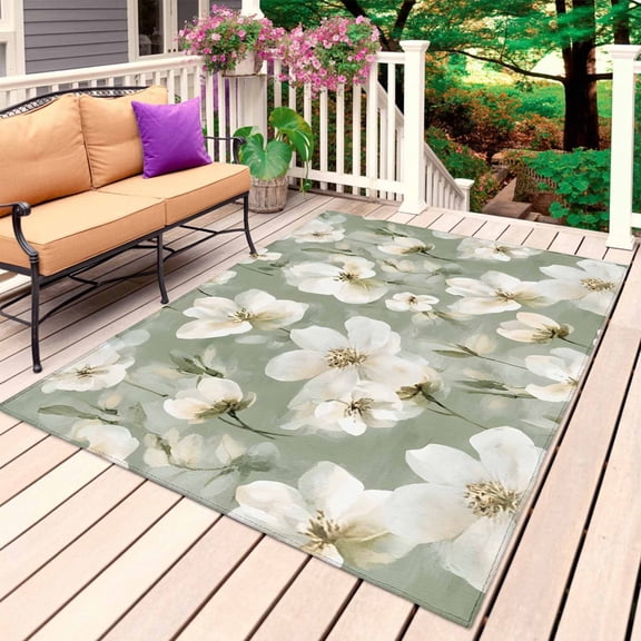 Sage Green Spring Floral Outdoor Rug for Patio/Deck/Porch, Non-Slip Large Area Rug 4 x 6 Ft, Summer Botanical Flower Indoor Outdoor Rugs Washable Area Rugs, Reversible Camping Rug Carpet Runner