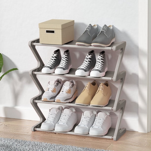 Rack de zapatos de 4 capas en forma de Z gris, ensamblaje fácil, solución de almacenamiento para el dormitorio
