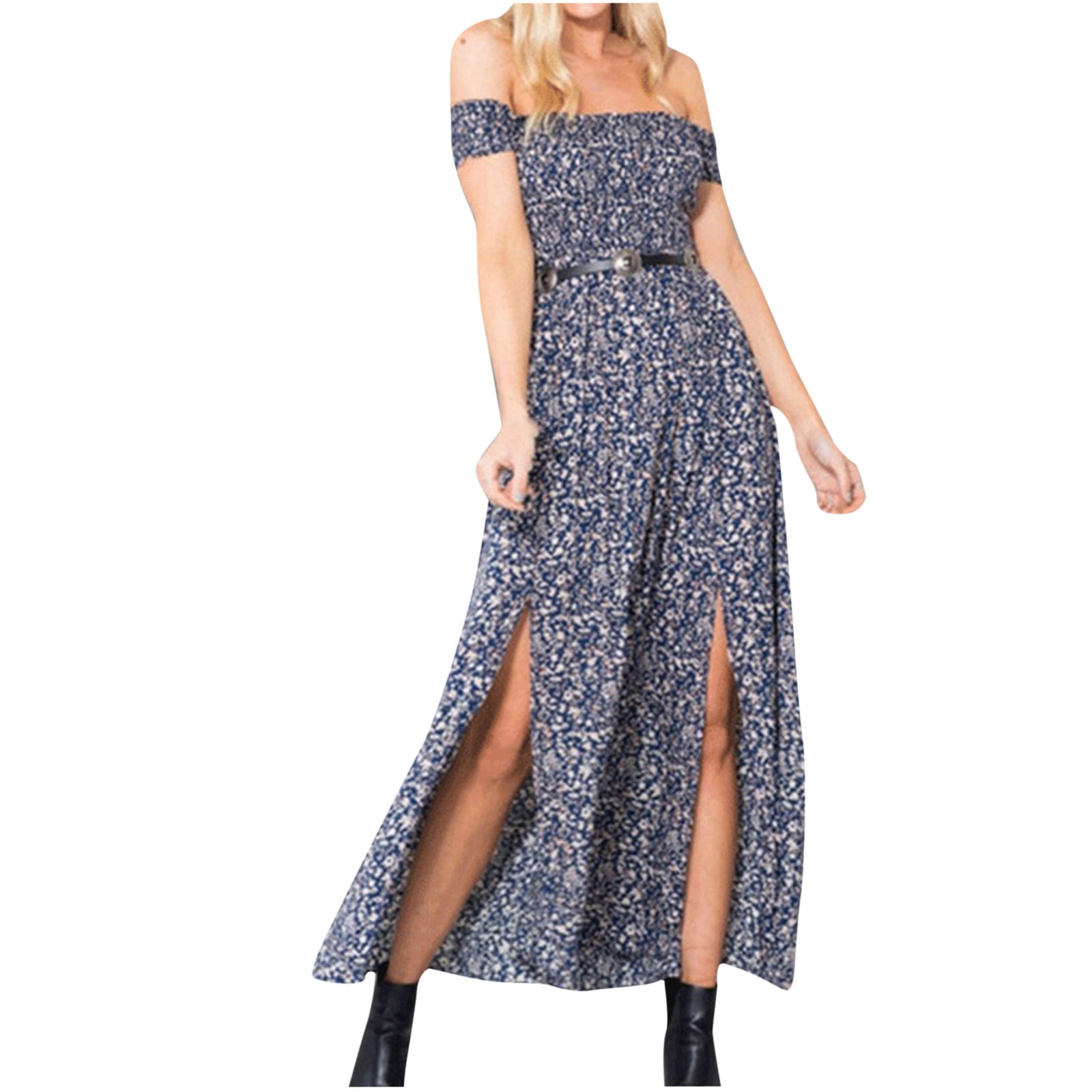 Gaecuw Long Dresses Women Crew Neck Short Sleeve Ankle Length Swing