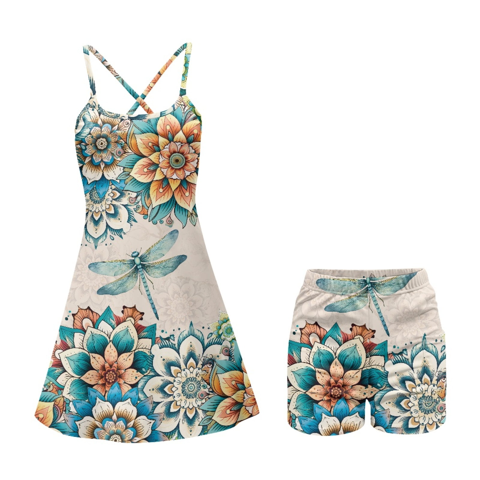 Yuyamidu Dragonfly Womens Tennis Dress Built in Shorts, Boho Flowers Exercise Workout Dress with Pockets 2 Pieces Summer Golf Athletic Dresses Size L