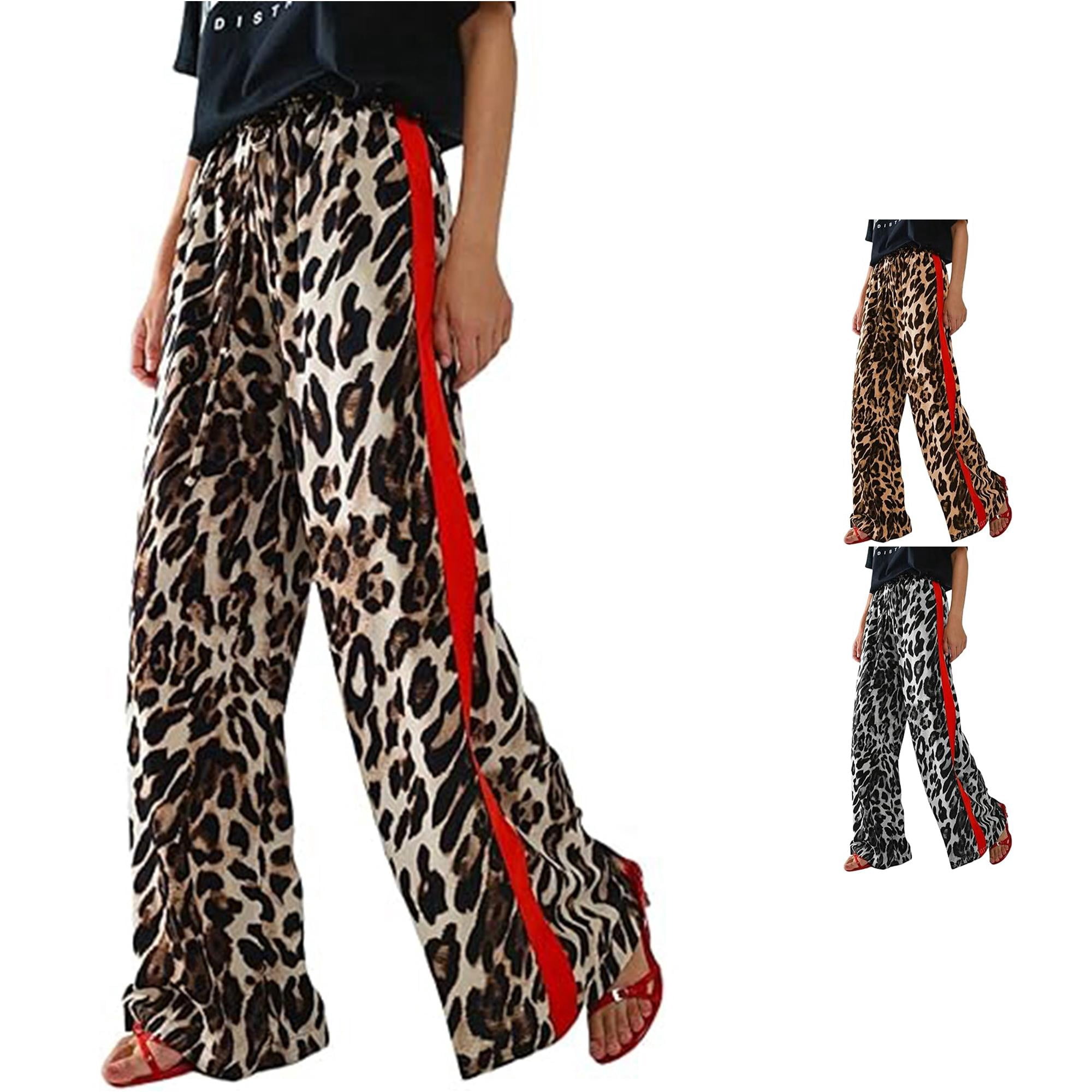 XIAOCHA Leopard Print Wide Leg Pants For Women Contrast Red Stripe Drawstring Loose Beach Long Trousers