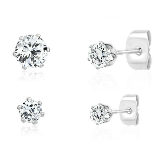 Sensitive Skin Stainless Steel Unisex Duo Cubic Zirconia Studs Earrings, 3mm & 4mm Round