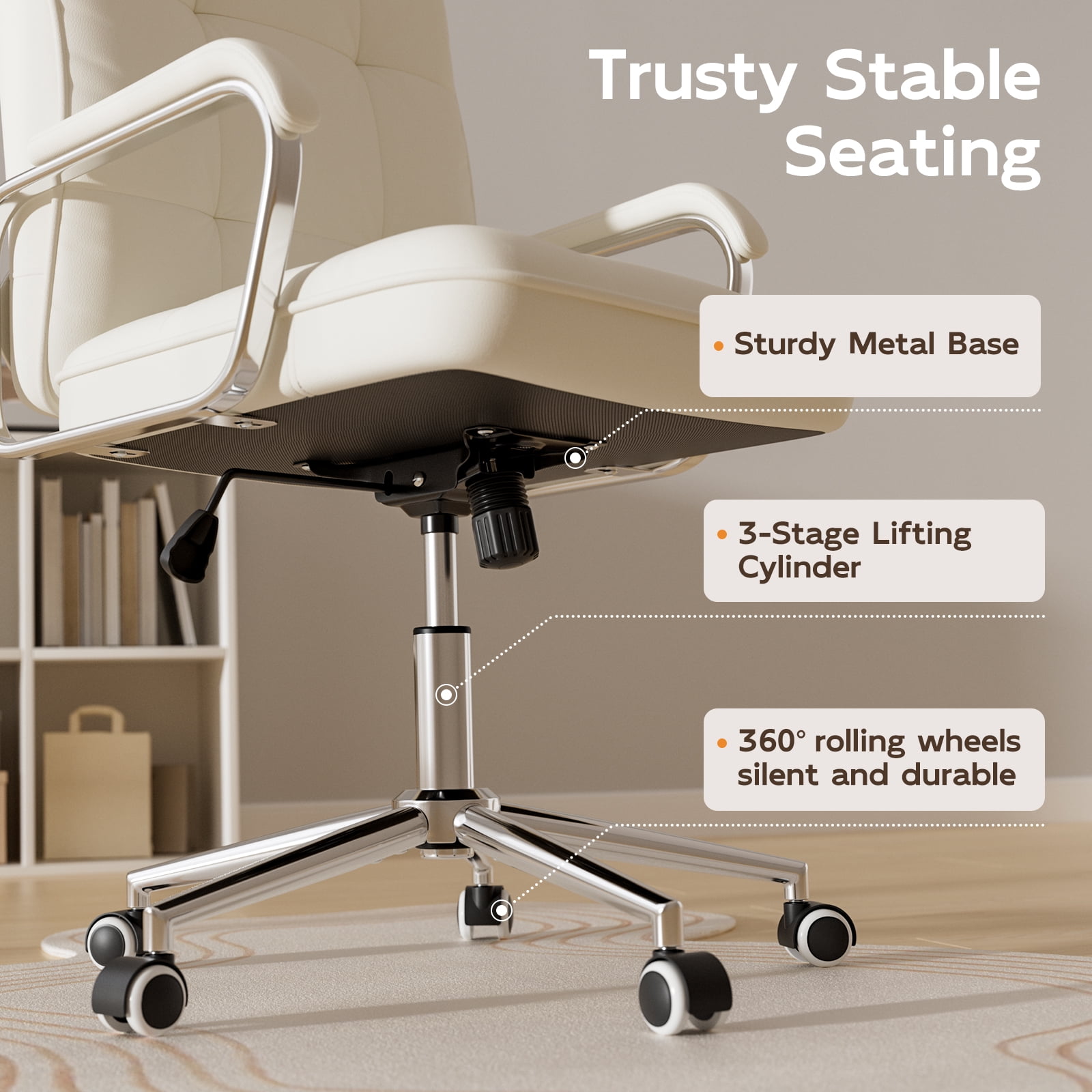 Ninecer Ergonomic Office Chair with Wheels, 360° Swivel Desk Chair with Rocking Function, PU Leather Computer Chair for Home Office, Study,, Beige