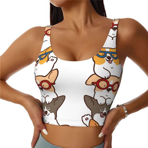 Balery Corgi Dog2 Sujetadores deportivos con espalda cruzada para mujer, acolchados, sin costuras, de alto impacto, ideales para yoga, gimnasio, entrenamiento y fitness.-Large