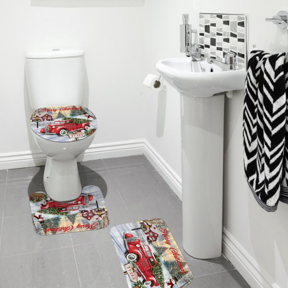 Christmas Red Vintage Truck Shower Curtain Set, Red Car Christmas Farm Free Life Shower Curtain for Bathroom, Merry Christmas Fabric Shower Curtain with Hooks 72 x 72 Inch (Car)