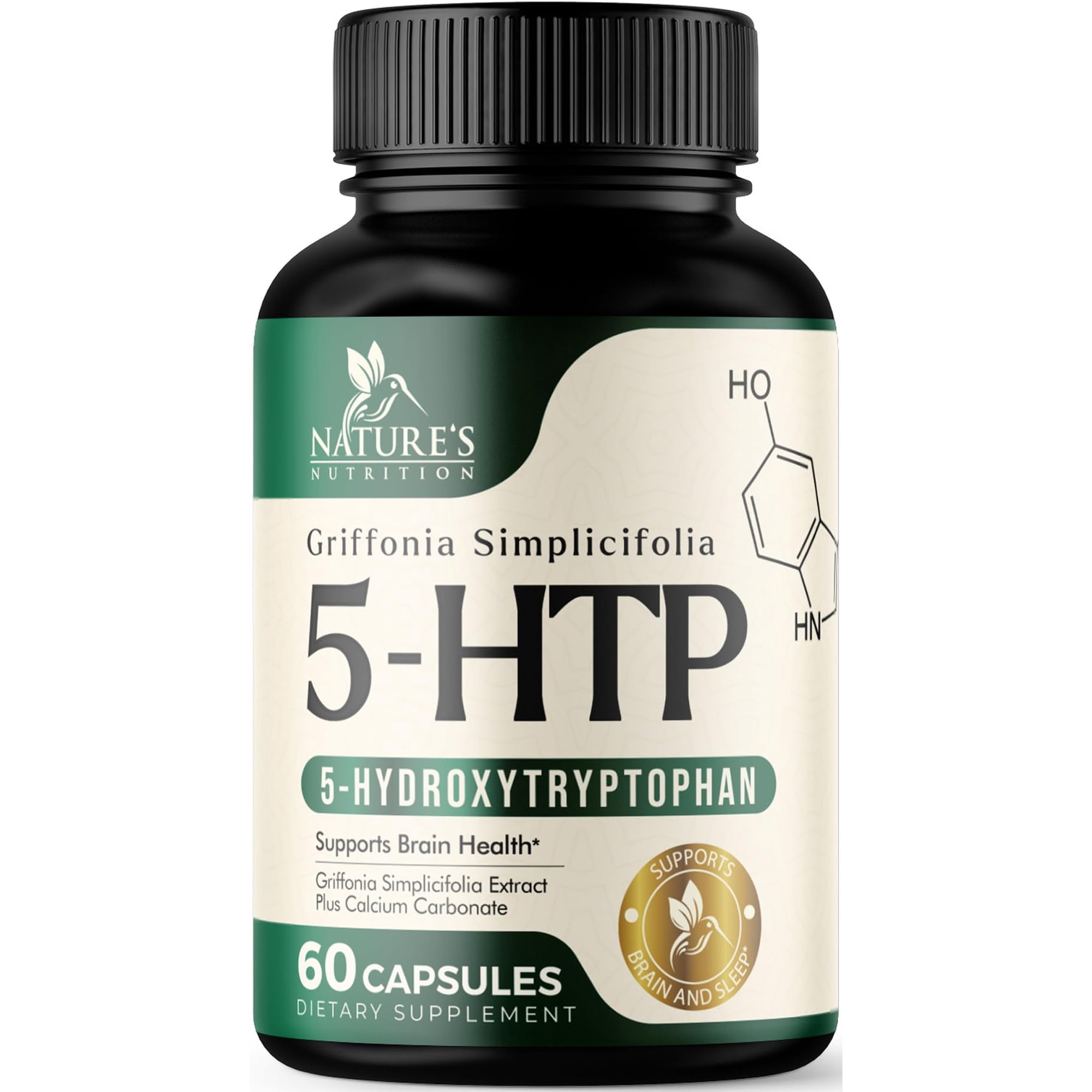 5 Hydroxytryptophan 200mg Capsules - 5 HTP Supplement Plus Calcium for Natural Brain Health & Sleep Support, Extra Strength Griffonia Simplicifolia 5-HTP Formula, 5HTP, USA Bottled - 60 Capsules