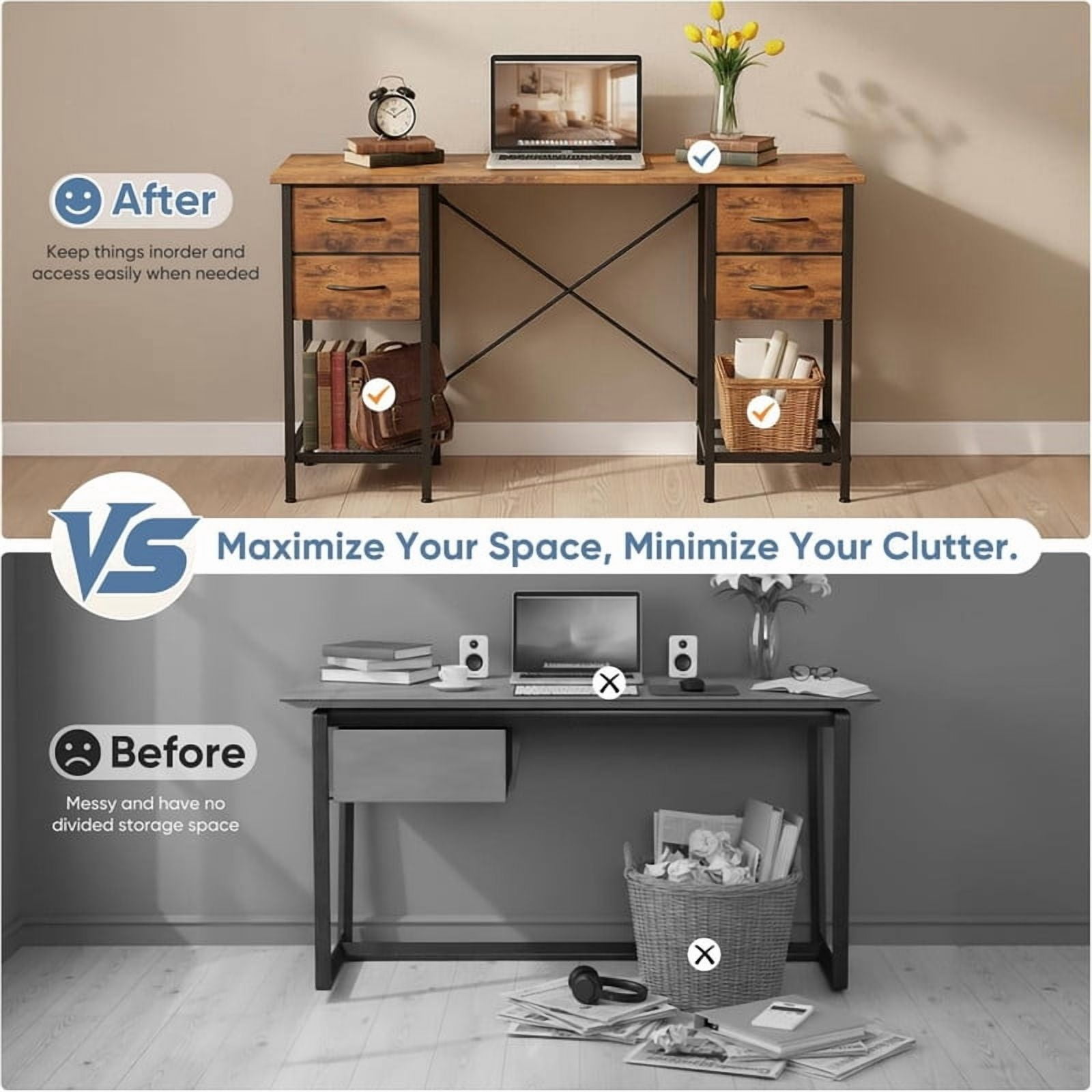 Kelno 55 Inch Computer Desk with 4 Fabric Drawer Storage Shelf Gaming Writing Table, Rustic Brown
