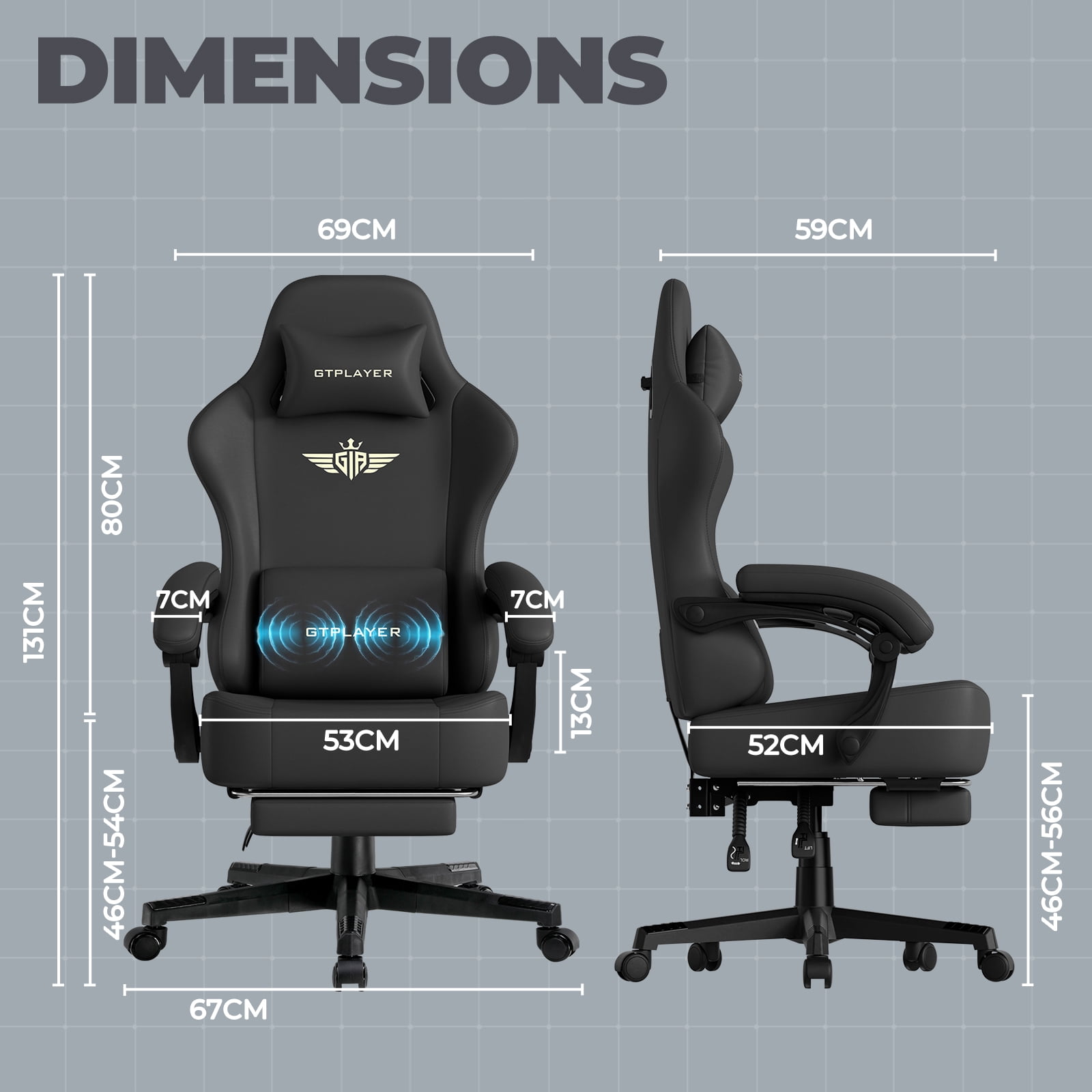 GTPLAYER Big & Tall Swivel Gaming Office Chair with Massage, Black
