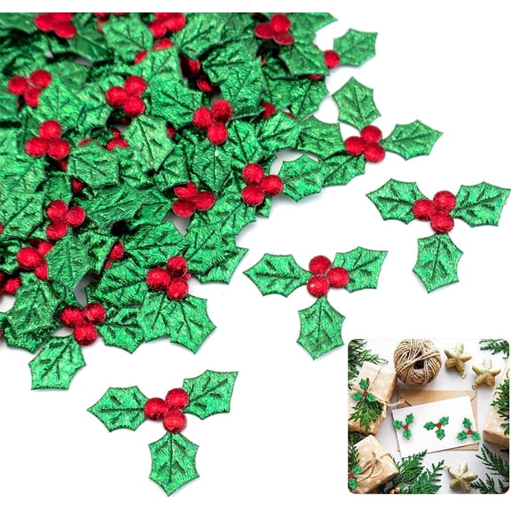 Duslogis Christmas Holly and Berry Christmas Embellishments, 100 PCS Mini Craft Berry Greens Leaf Sequins, for Christmas Wreath Arrangement DIY Craft for Christmas Card Gift Tags