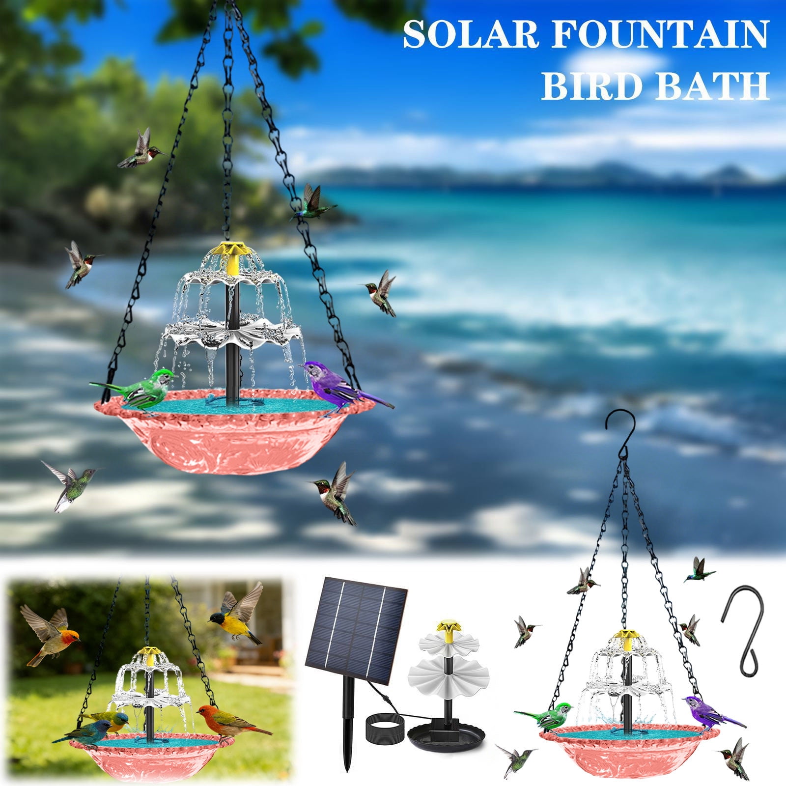 FAJHHA Moving Water Solar Hanging Bird Bath Fountain, Art Deco