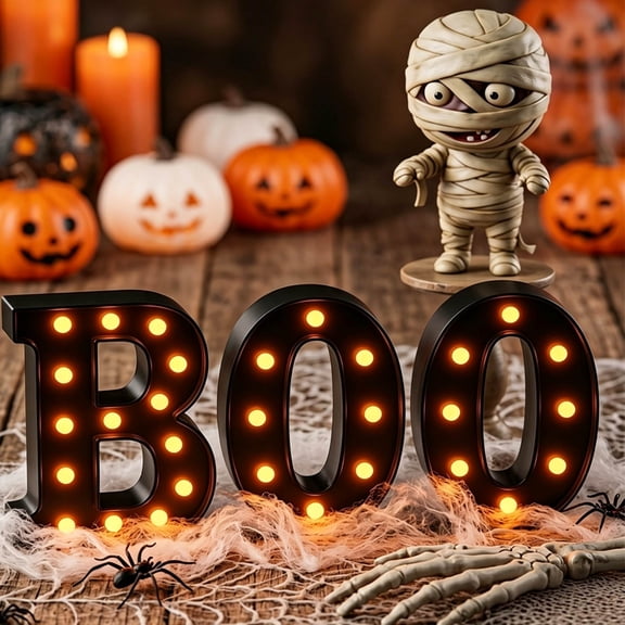 Halloween BOO Letter Lights Marquee Sign 8.6 Inch Black LED Decorative Lamp with Orange Bulbs for Fall Indoor Outdoor Party Supplies and Autumn Home Decorations