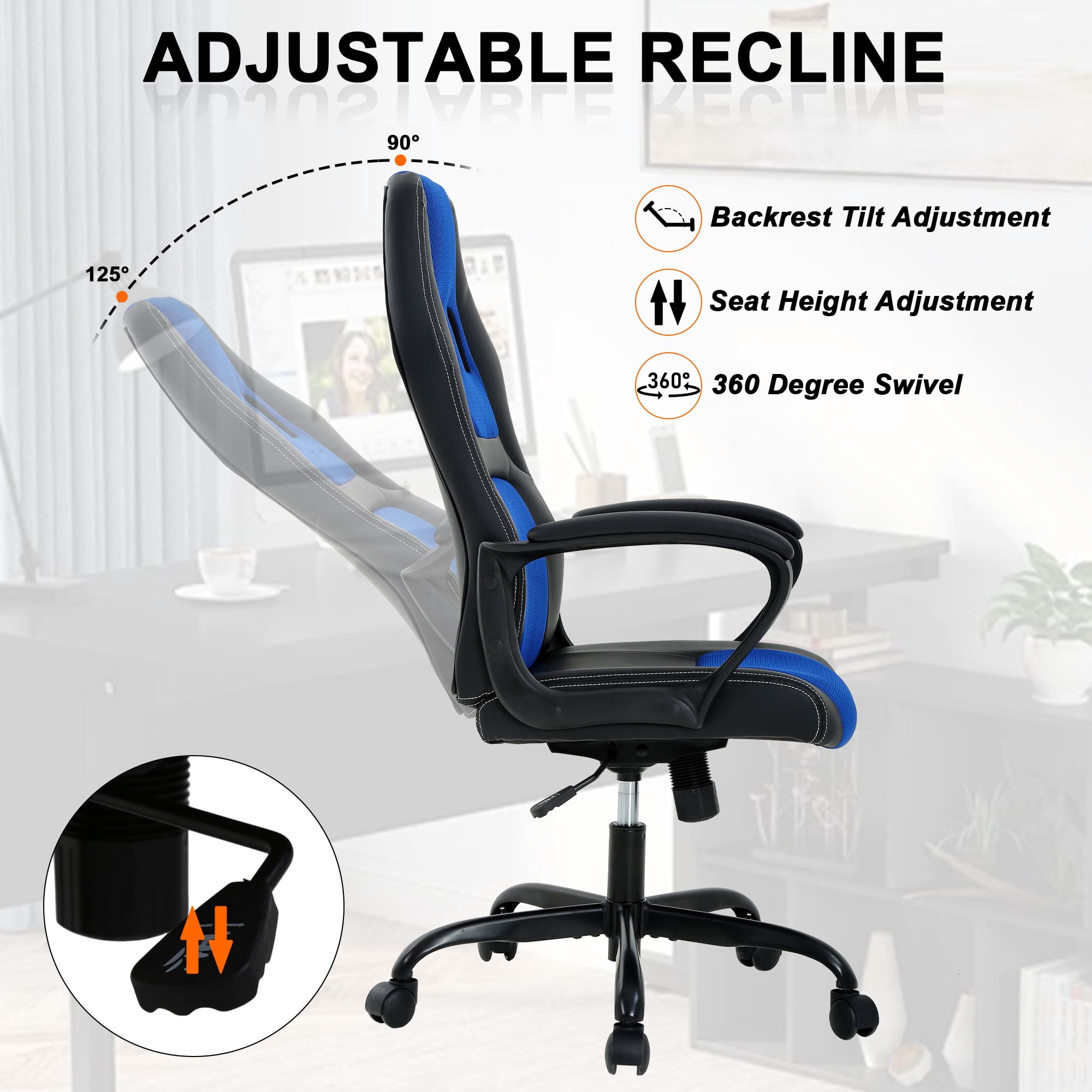 CL.HPAHKL PC Gaming Chair, Ergonomic Computer Chair PU Leather Gamer Chair with Headrest and Lumbar Support, Height Adjustable Video Game Chair Gaming Chair for Adults Teen, Blue