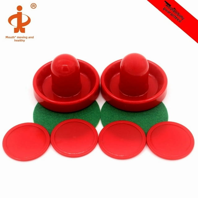 Eco-Friendly Air Hockey Table Accessories Set: 2 Red 96mm Pushers, 2 Felt Pads & 4 Red 64mm Pucks – Enhance Skill Development, Interactive Family Fun for All Ages with Unique Air Curve Ball Design,