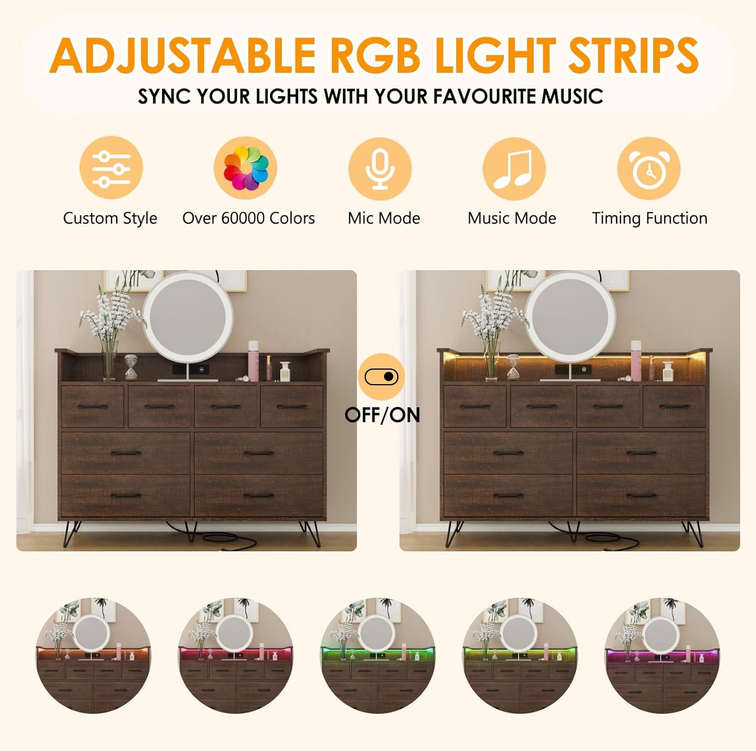 8 Drawer Wood Dressers for Bedroom with Led Light and Power Outlet, Wooden Dressers with Open Shelves and Gold Handle for Adult and Kids Bedroom, 16.6" Wide Modern Chest of Drawers for Living Room