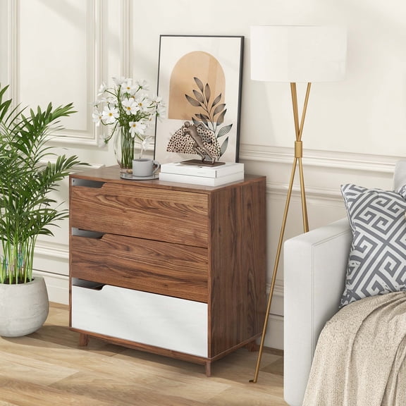 Costway 3-Drawer Farmhouse Wooden Dresser with Bedside Table Storage Organizer, Rustic Brown