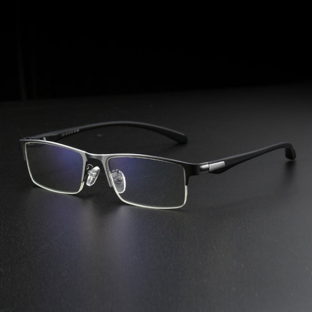 3 Pairs Mens Fashion Blue Light Blocking Half Rimless Reading Glasses 3.5, Metal Gunmetal Spring Hinge Business Rectangle Readers +3.50