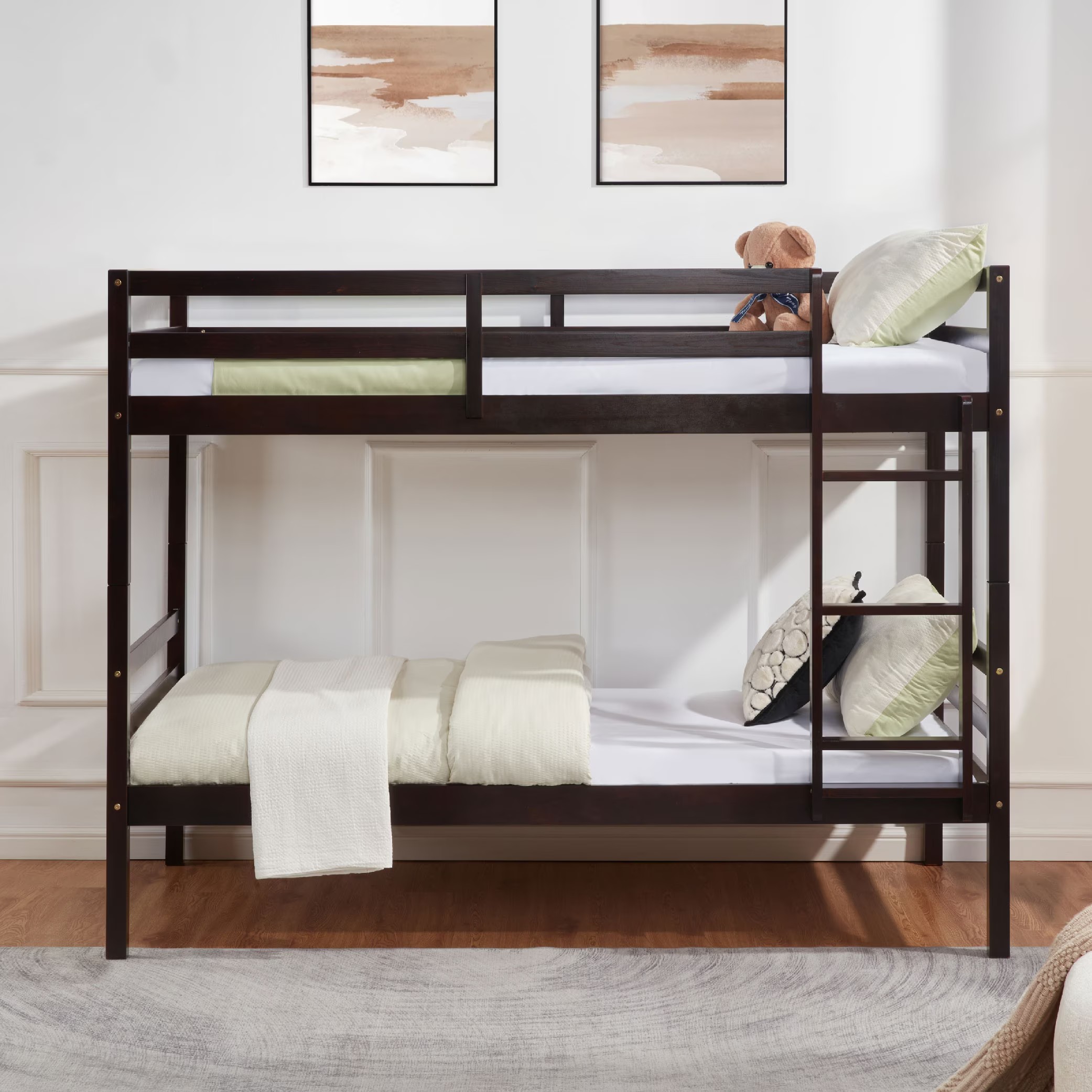 Aukfa Twin over Twin Bunk Bed, Wooden Bunk Bed with High Guardrail for Kids/Teens and Dorm Room/Guest Room, Espresso