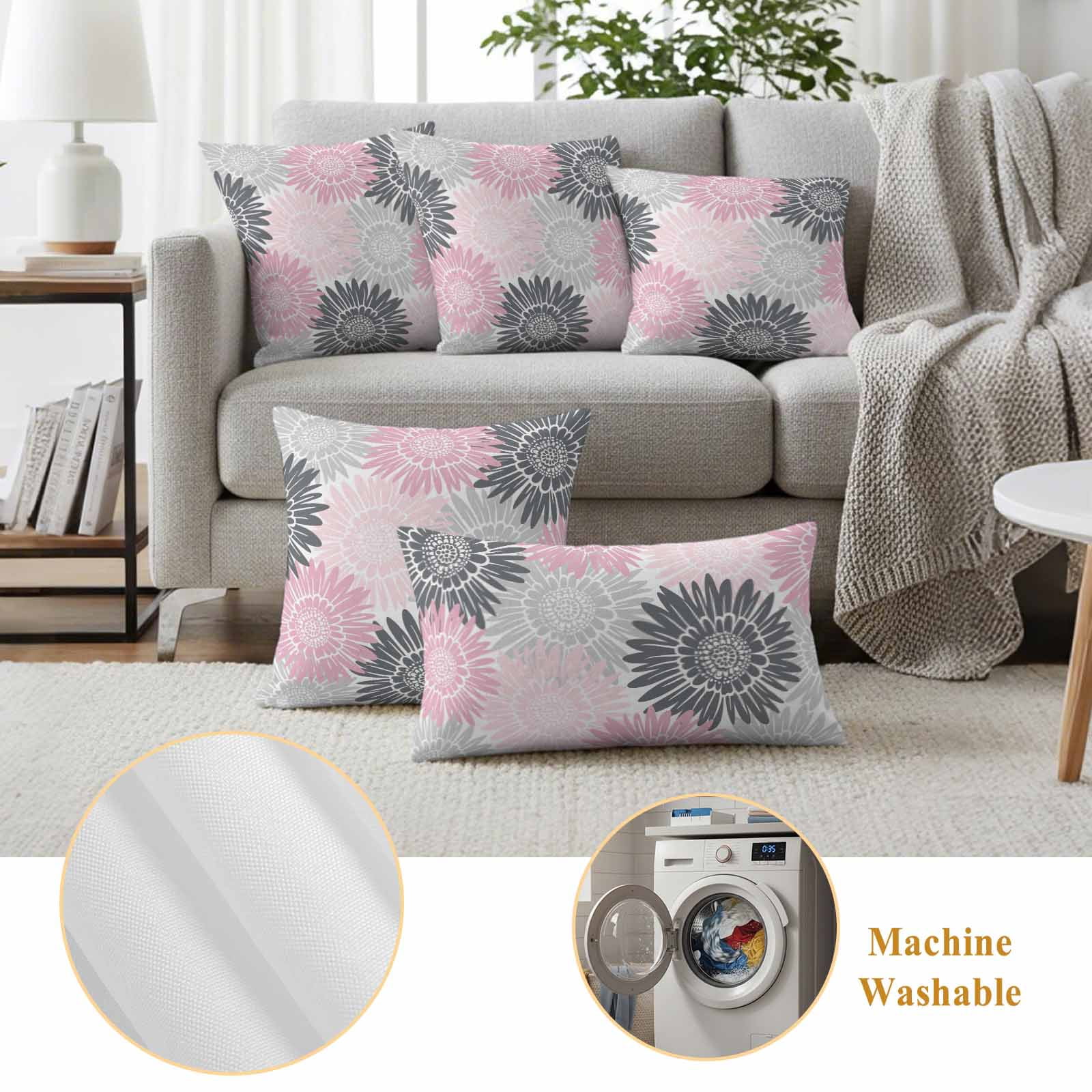 Pink Grey Sunflowers Outdoor Waterproof Throw Pillow Covers 18x18 Set of 2, Boho Rustic Floral Vintage Blossom Decorative Pillowcases Cushion Pillowcase for Couch Sofa Patio Outside Pillow Protector