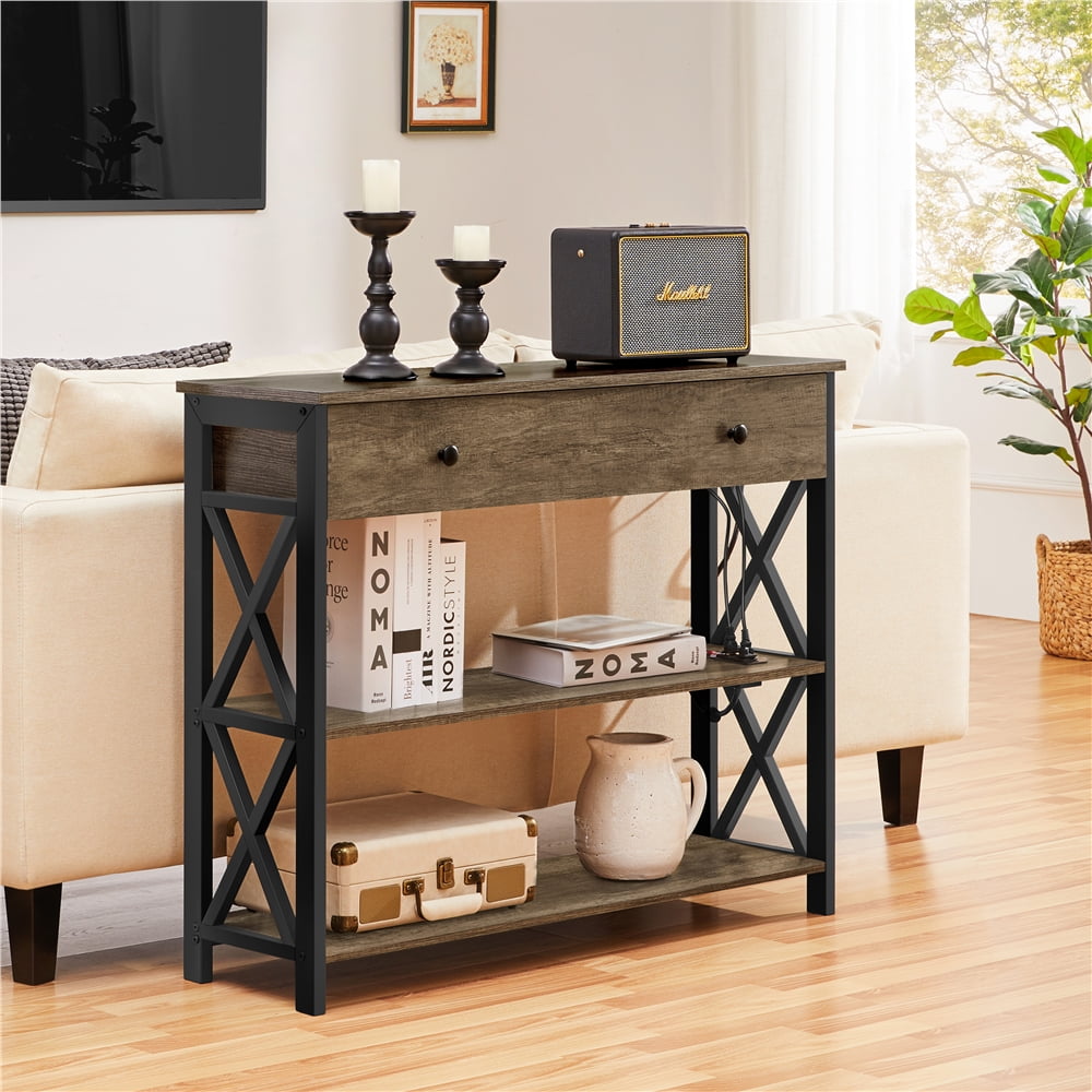 Alden Design Vintage Wooden Console Table with Power Outlet for Entryway, Taupe Wood
