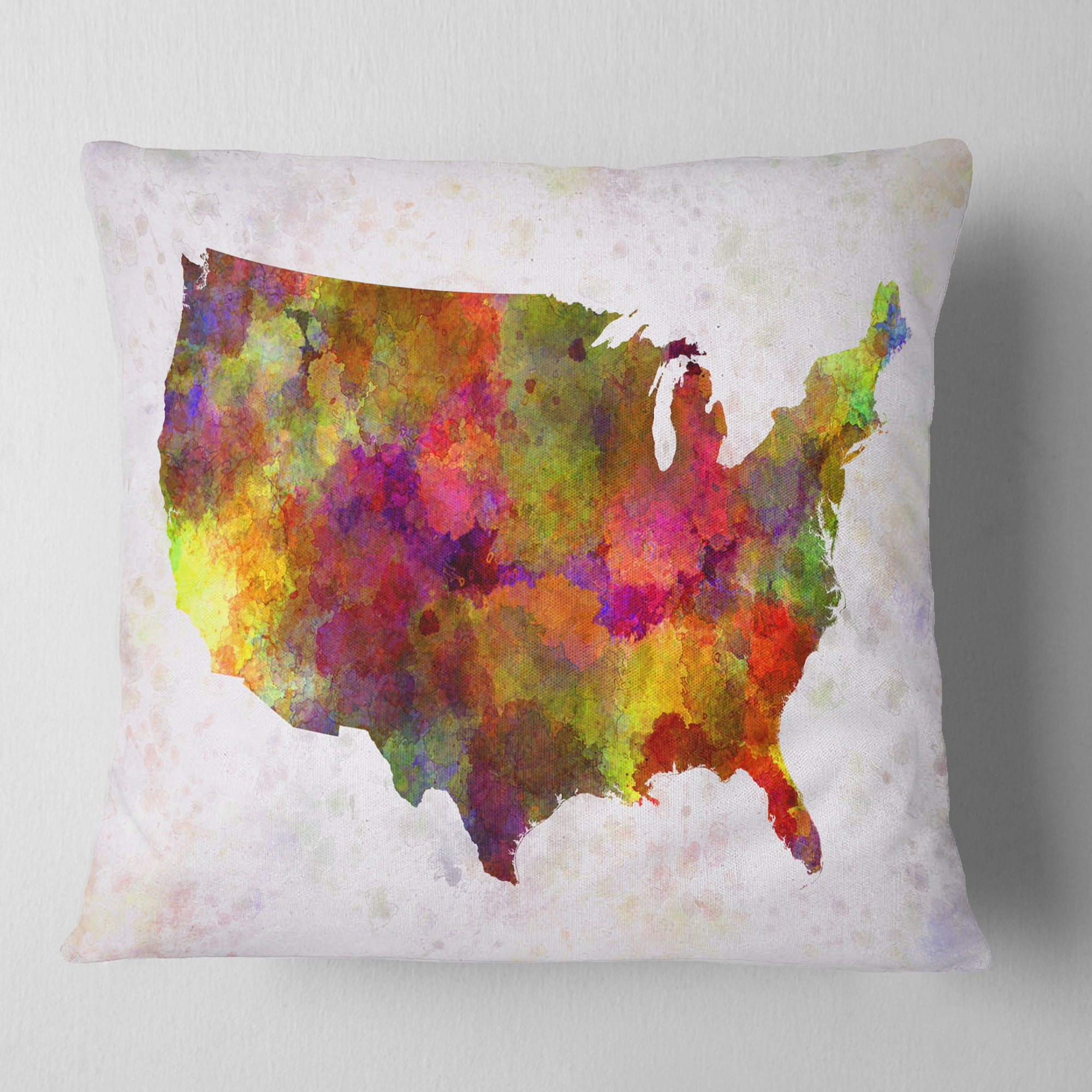 Designart United States Map in Colors - Watercolor Painting Throw Pillow - 18x18