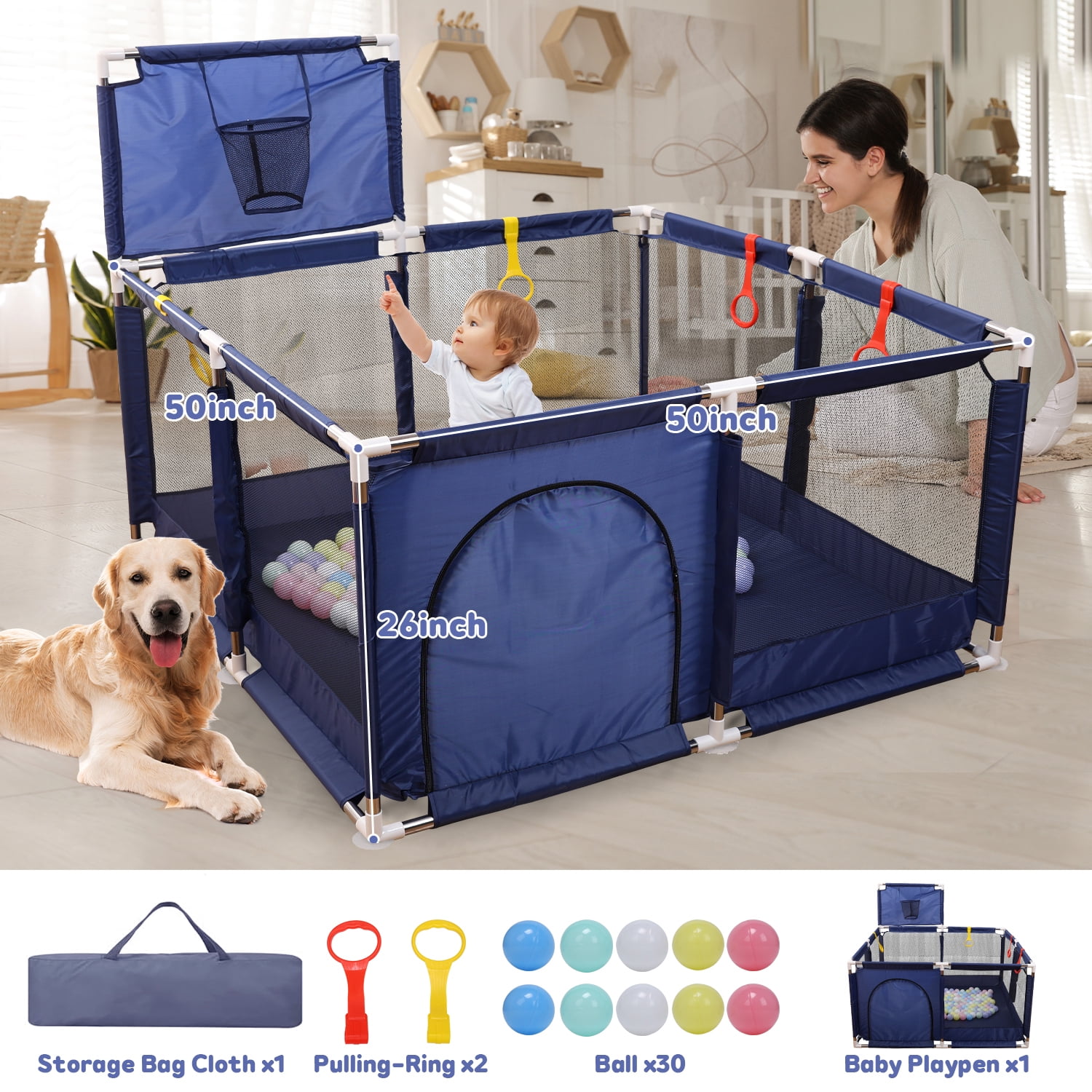 JoyStone 50 x 50 Baby Playpen with 30 Ocean Balls, Soft Mesh Sides, Basketball Hoop & Pull Rings, Indoor Baby Fence for Toddlers, Blue