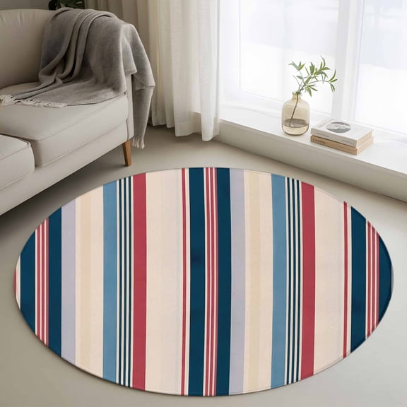 Round Area Rug 3 Ft, Blue Red Striped Washable Non-Slip Circle Carpet for Living Room/Bedroom, Modern Stripes Art Farmhouse Low-Profile Small Floor Mats Collection Rugs for Indoor