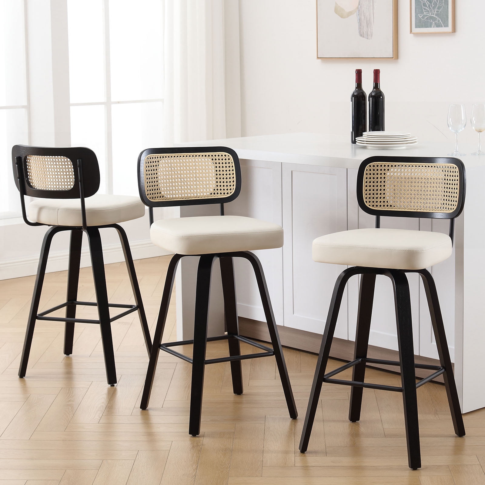 Swivel Counter Height Bar Stools, Set of 4, 29" Seat Height Upholstered PU Leather Barstools with Rattan Back Wood Legs for Home Kitchen Island, Cream White