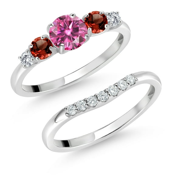 Gem Stone King 10K White Gold Pink Moissanite Red Garnet and White Lab Grown Diamond 5 Stone Bridal Engagement Wedding Ring Set for Women (0.91 Cttw, Round: 5MM and 3MM, Size 8)