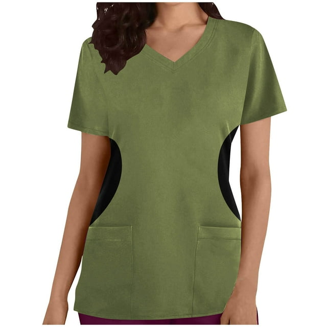 TIMIFIS Vert Armée Femmes Uniforme d'Infirmière Régulier Hauts Col en V Haut de Sarrau Décontracté Uni Patchwork Manches Courtes Sarrau Médical Extensible Hauts de Travail avec Poches - Printemps/été