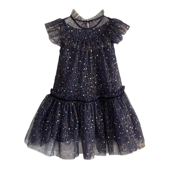 Hifoo Kids Toddler Girls Fly Sleeve Star Moon Sequin Dress O-Neck Dance Party Ruffles Dresses Fashionable Solid Color Children Sundress For Play Birthday Casual