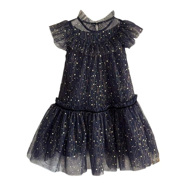 Rhuody Spring Dresses For Girls Round Neck Toddler Fly Sleeve Star Moon Sequin Dress Dance Party Ruffles Sundress Adorable Wear Blue 8-9 Years