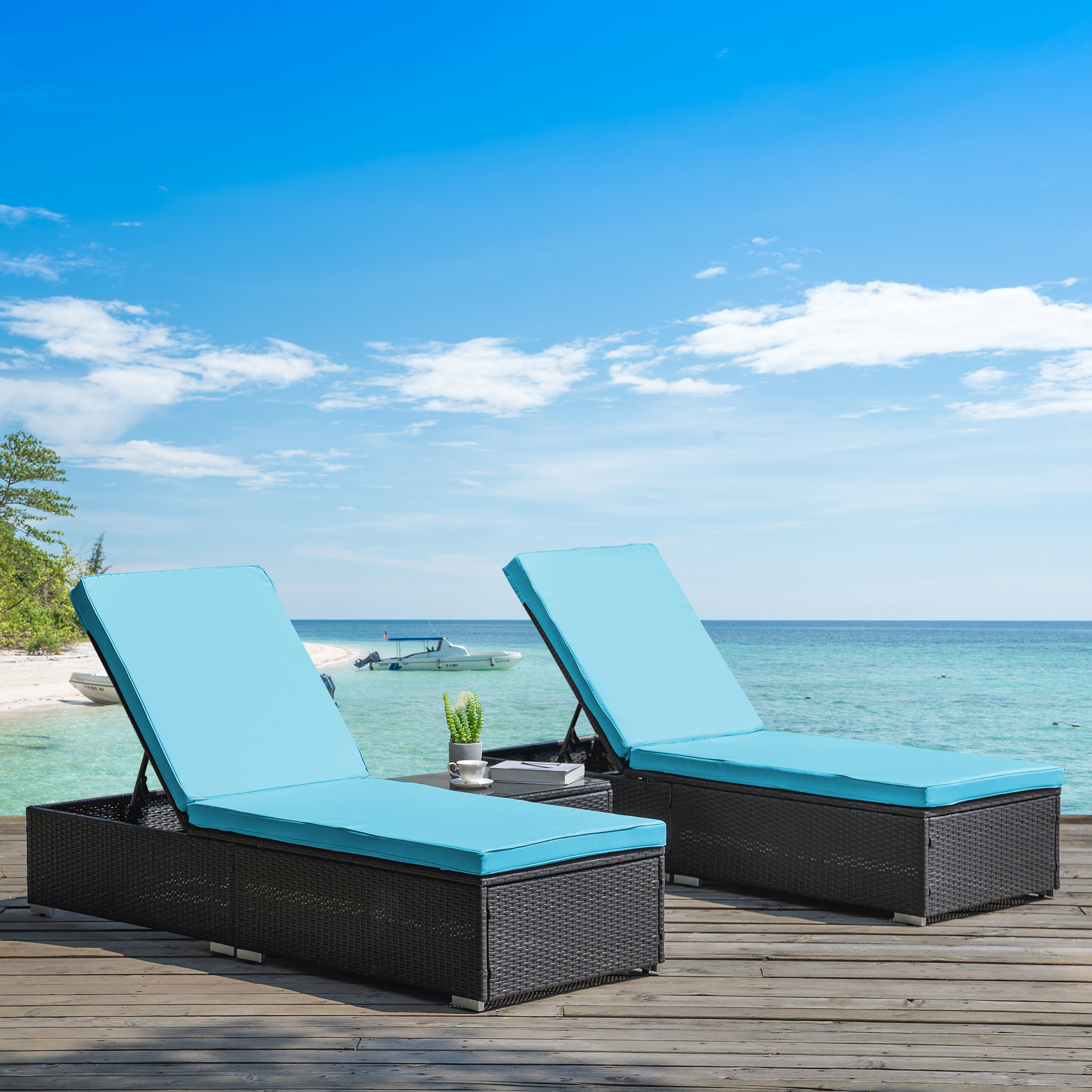 YOFE Outdoor Patio Lounge Chairs, Modern 3 PCS Wicker Chaise Lounge Chair Outdoor Set with Blue Cushions, Tea Table, Adjustable Outdoor Reclining Wicker Lounge Chair for Patio Beach Backyard, R5740 - image 3 of 14