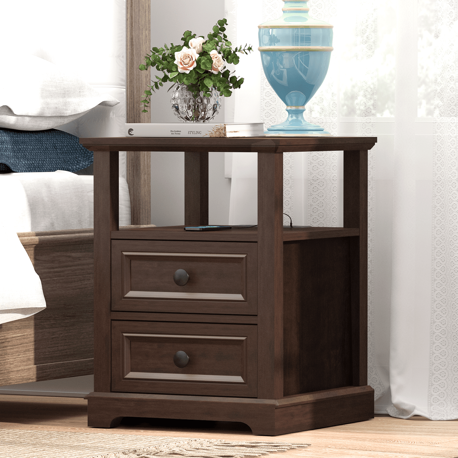 REDAYFUR 24" Tall Nightstand with Charging Station, Double 18W Fast Charge End Table, Large 18” Bedside Table with Drawers,Rustic Wood Storage Cabinet with Open Shelf for Bedroom,Cherry