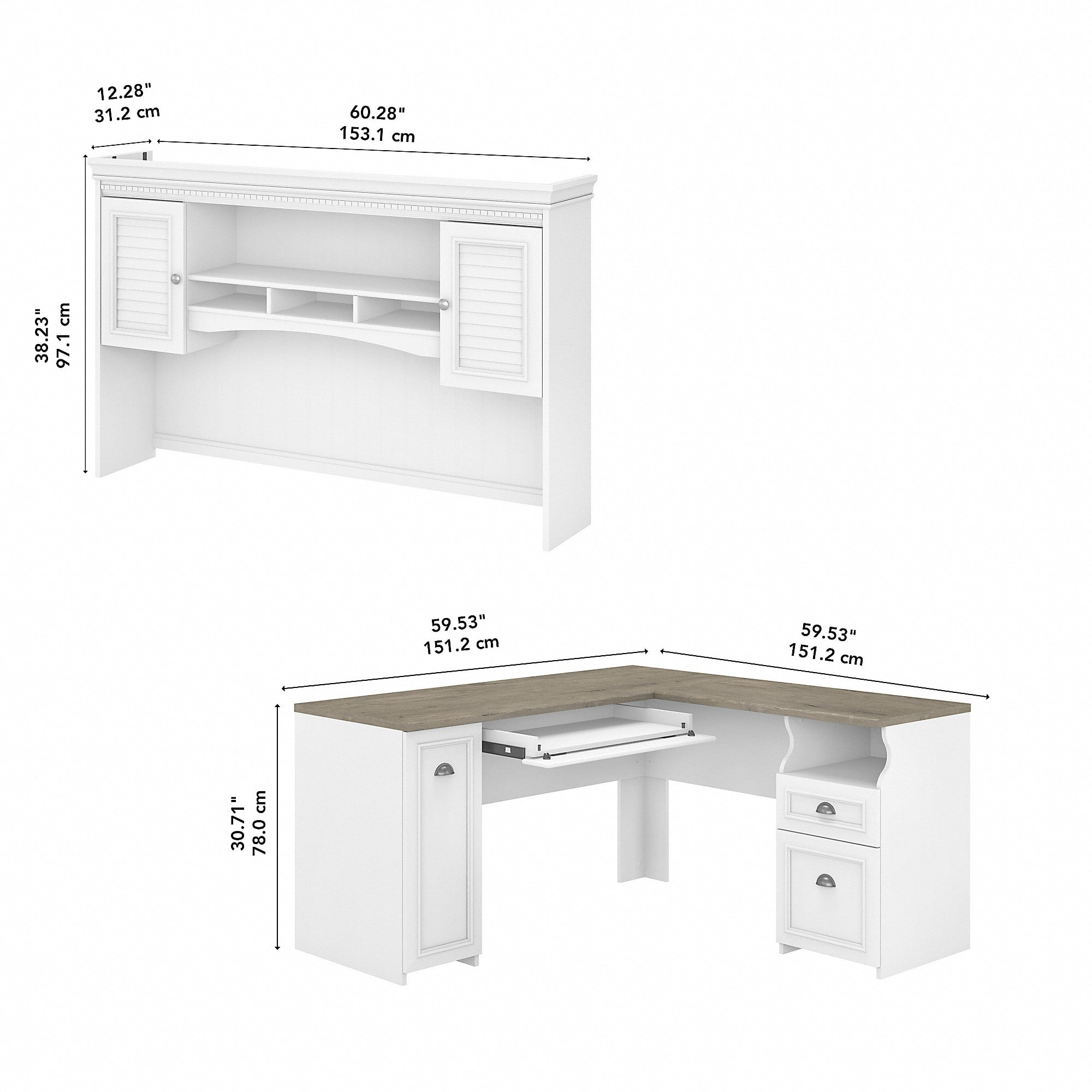Bush Furniture Fairview 60" W L Shaped Desk with Hutch, White/Gray