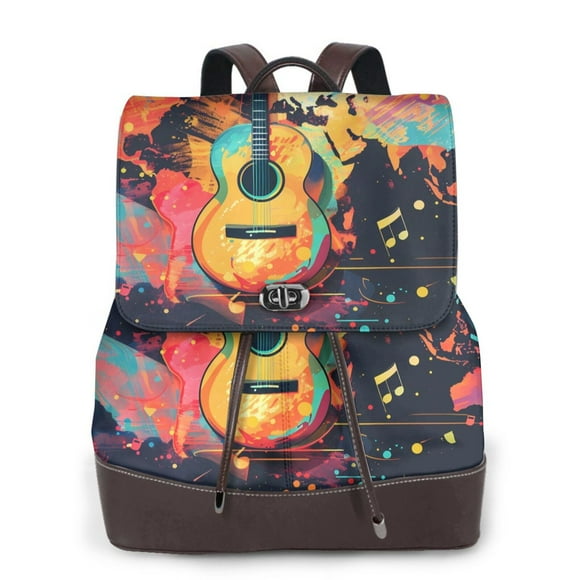 Easygdp World Map Guitar Illustration Mochila de Cuero para Mujeres, Bolso de Hombro, Bolsos de Mano de Moda para Trabajo y Viajes