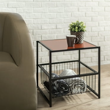 Zinus Dane 20" x20" Black Frame Indoor Side Table with Storage Basket, Red Mahogany Wood Grain