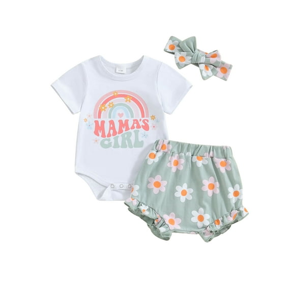 Bslissey Baby Girls 3Pcs Summer Outfits Short Sleeve Letter Rainbow Print Romper Flower Print Shorts Headband 3M 6M 12M 18M Infant Cute Casual Shorts Set