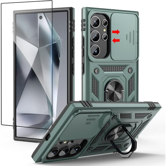 for Samsung Galaxy S24 Ultra Case with Screen Protector   Slide Camera Cover   360°Rotated Ring Magnetic Kickstand, Heavy Duty Shockproof Protective Cover for Samsung S24 Ultra 6.8 inch Green
