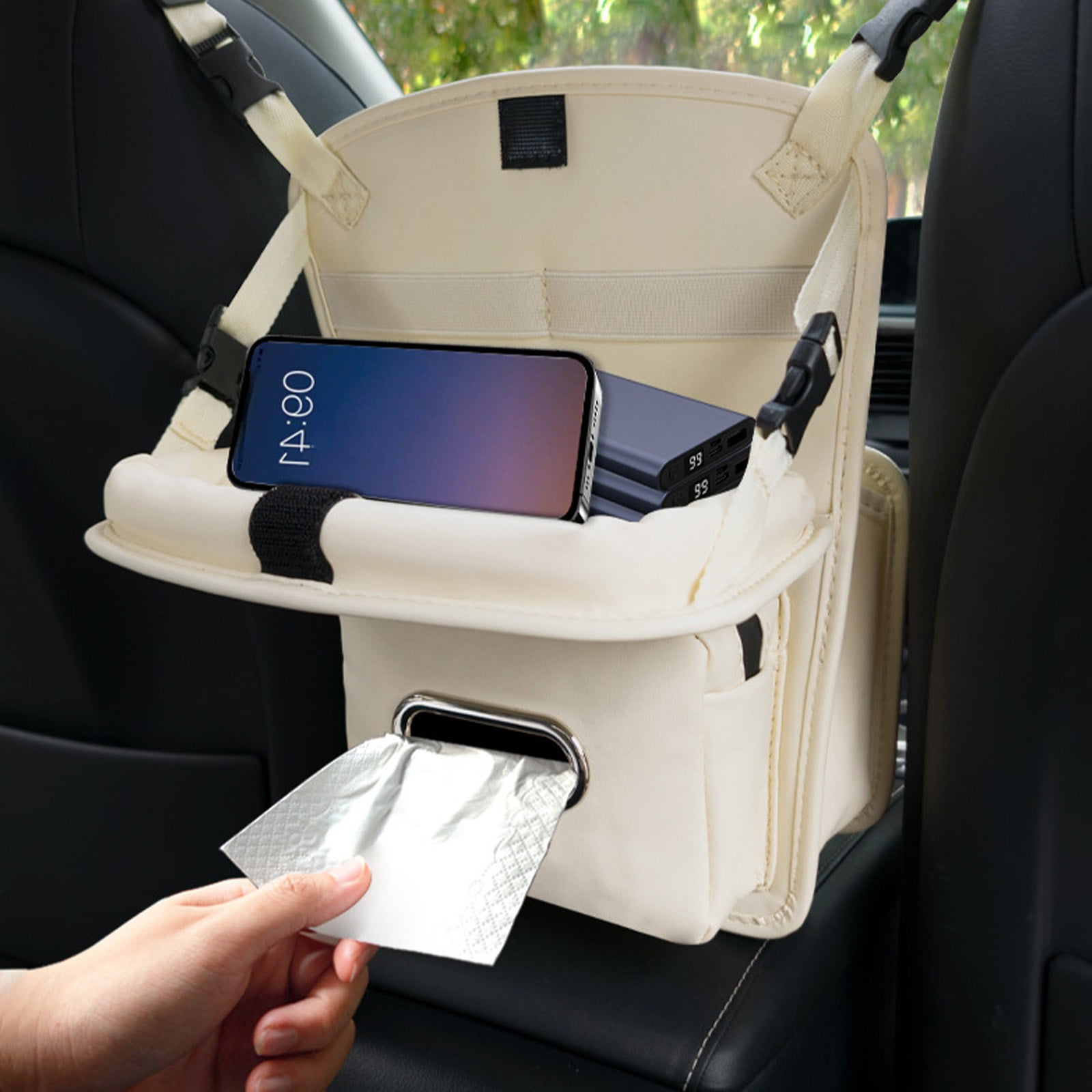 Car Storage Bag with Foldable Table, Leather Hanging Organizer Between Seats, Multi Pocket Storage Net for Car Interior, Large Capacity Bag for Tissues Cups Phones and Daily Essentials