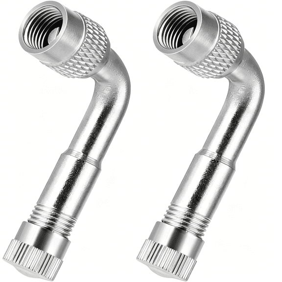 RIONIMA Tire Valve Extender, 2 Pcs 90 Degree Brass Valve Stem Extension Adaptor Metal Tire Valve Extension Universal for Passenger Cars, Bicycles, Motorcycles, Rv, Trailers (Silver)