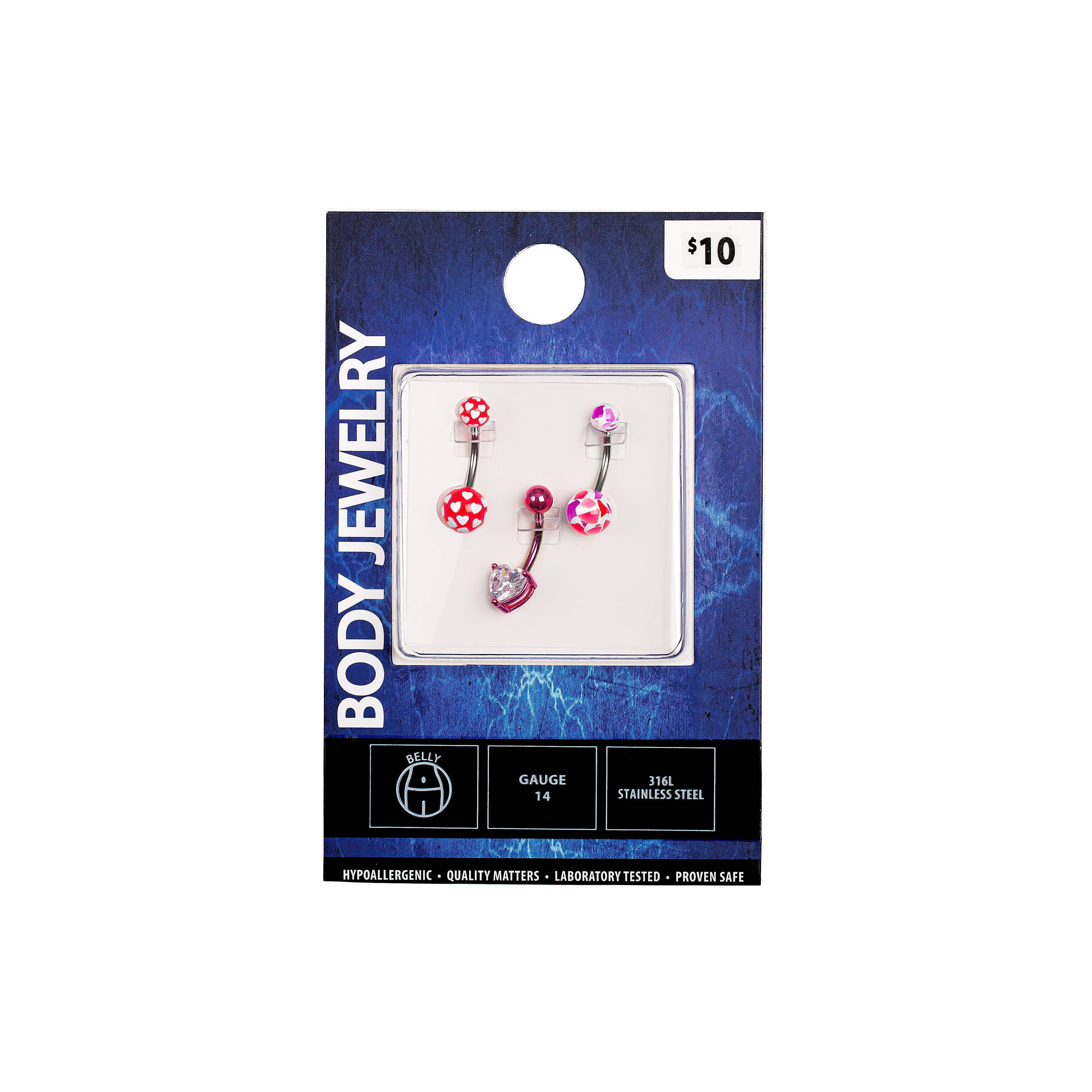 Body Jewelry 14G Assorted Pink Belly Rings, 3 Pack