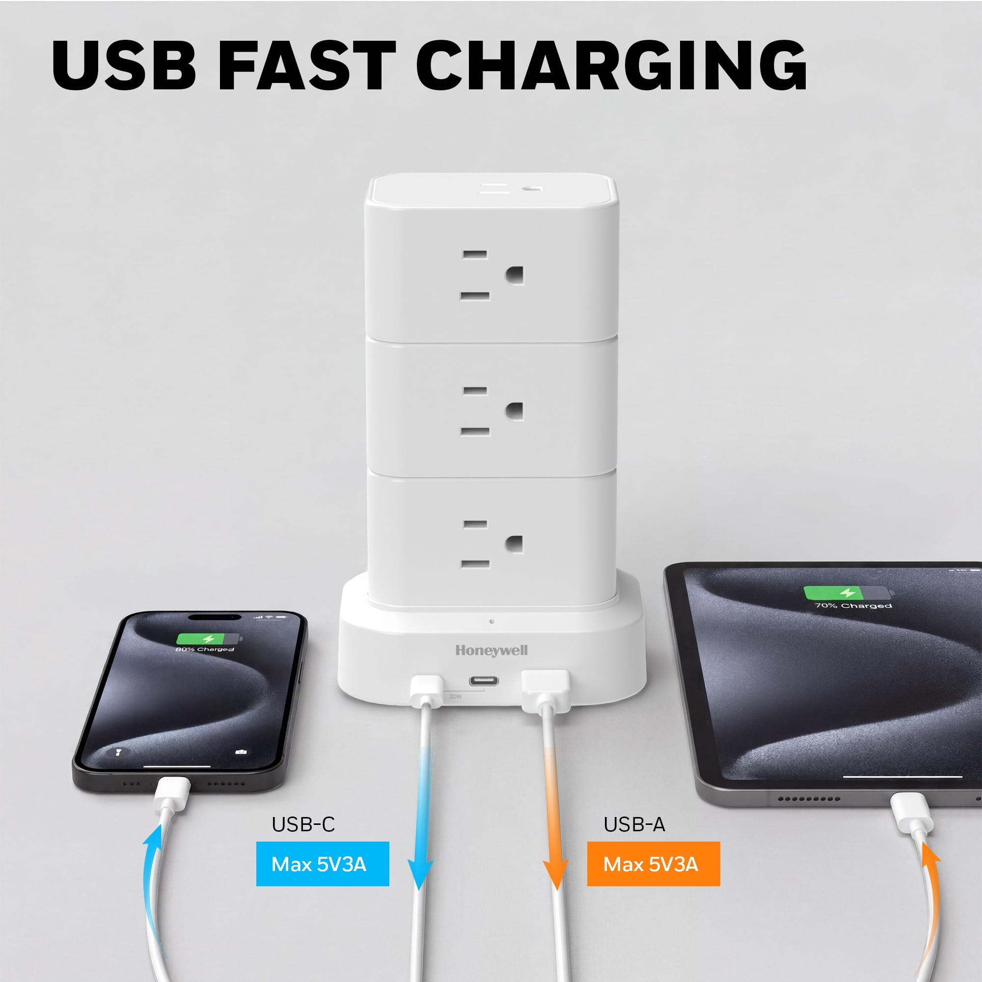 Honeywell Power Tower Modular Charging Station, 15 AC Outlets, 3 USB Ports (1 USB-A, 2 USB-C 20W PD), 900 Joules Surge Protector, 4ft Extension Cord, White