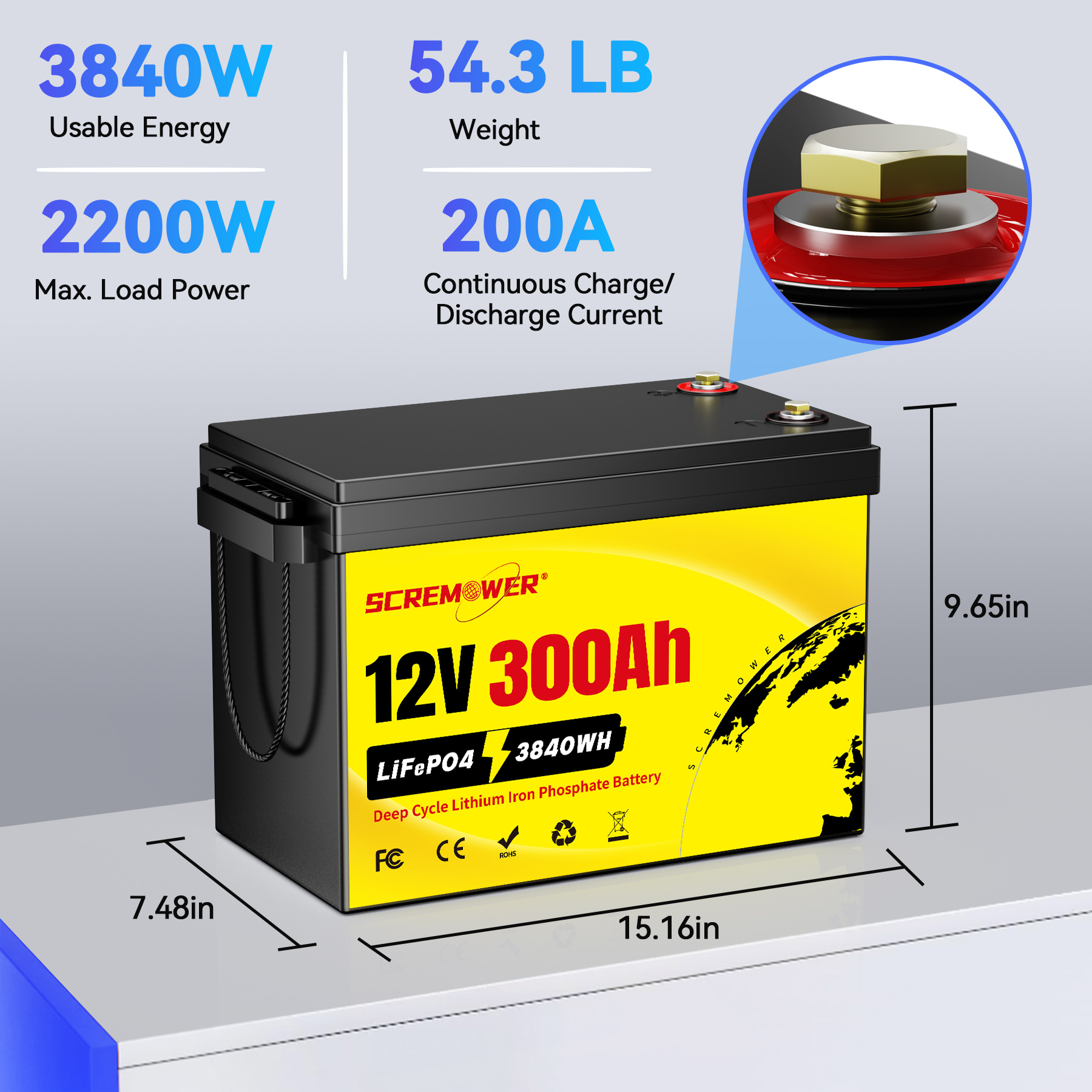 12V 300Ah LiFePO4 Battery, 200A BMS for 120lb Trolling Motor, Boat, Solar, Off-Grid,3840W Deep Cycles Lithium RV Batteries