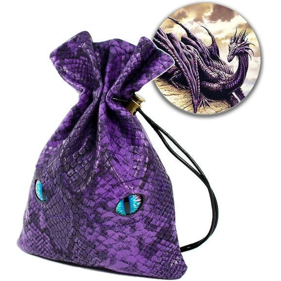 DND Dice Bag Can Cover 6 Dice Sets, Glow in The Dark Eyes D and D Dice Storage Pouch, Purple Dragon Leather Coins Bag for Fantasy Dragons and Dungeons Games Accessories, Drawstring Dice Pouch